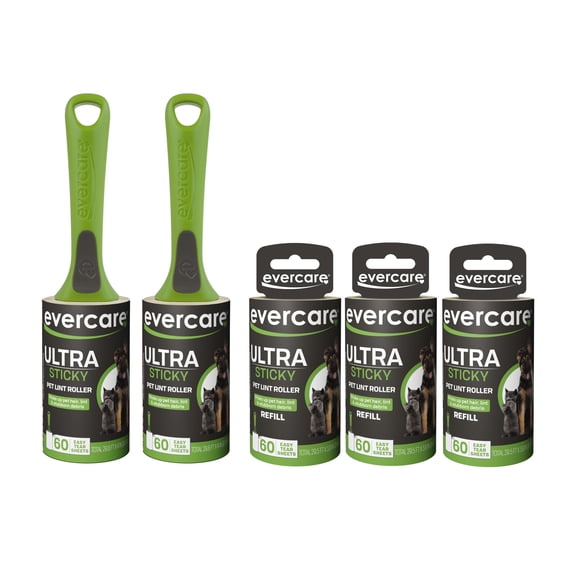 Evercare Ultra Sticky Pet 2 Lint Rollers and 3 Refills 60 Layer Value Pack Bundle