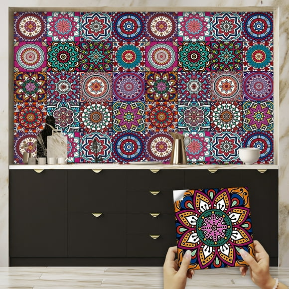 16 sheets of coloured Moroccan tile stickers (15cm x 15cm, 6 x 6 inches) Mandala kitchen bathroom wall tile stickers Peel and stick on tile transfer cover Self-adhesive vinyl waterproof pastel mosaic