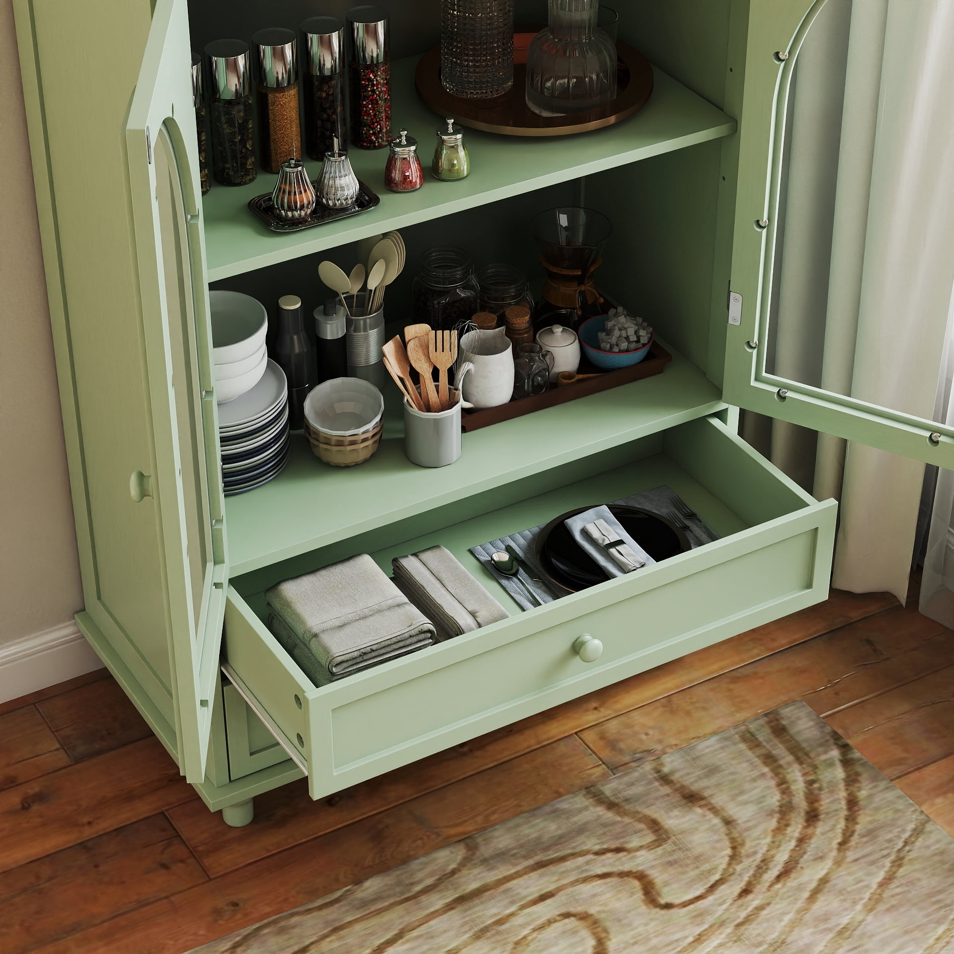 Aukfa Buffet Pantry Cabinet,Arched Glass Door Wood Sideboard Storage Cabinet for Dining Room Hallway Entryway,Green