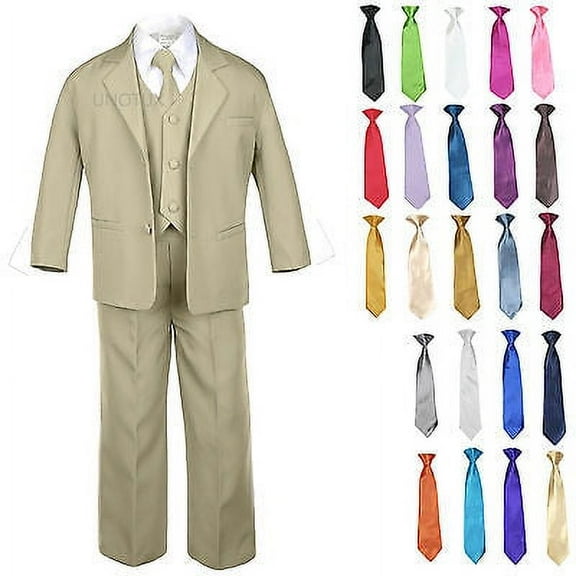 6pcs Boy Baby Toddler Formal Wedding Party Khaki Suits Tuxedo Extra Necktie S-7
