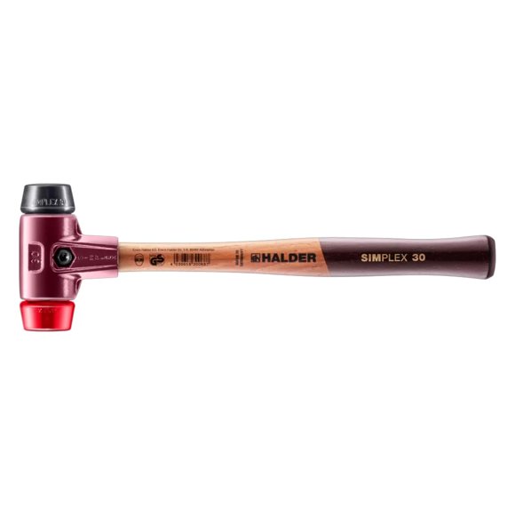 Halder Simplex Soft-Faced Mallet, Hard Plastic Insert, Medium-Hard Rubber Insert, Cast Iron Housing with Handle Protection Sleeve, Varnished Wooden Handle, 30mm, .75 lbs.