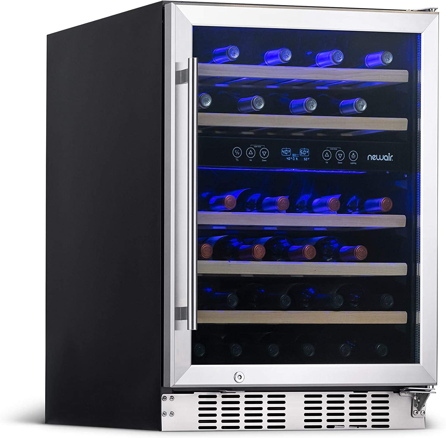 Restored Newair 24 inch 46 Bottle Wine Cooler Refrigerator, Built-in Recessed Kickplate, Dual Zone Wine Fridge in Stainless Steel (Refurbished)