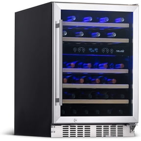 Restored Newair 24 inch 46 Bottle Wine Cooler Refrigerator, Built-in Recessed Kickplate, Dual Zone Wine Fridge in Stainless Steel (Refurbished)