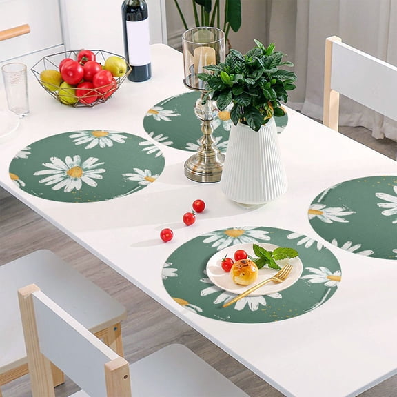 Round Grid Placemat ,One Sizex1, Round Placemat, PVC Plate Mat,15.4 Inch Non-Slip and Heat Resistant, Table Placemat, Dining Room Placemat White Chrysanthemum