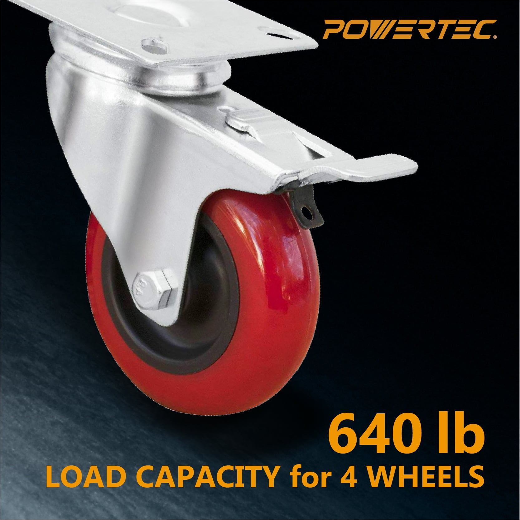 POWERTEC 4PK 3-Inch Swivel Caster Wheels with Brake & 640 lbs Loads, Heavy Duty Plate Casters, Dual Locking PU Castor Wheels for Furniture, Cart, Dolly and Workbench (17205)