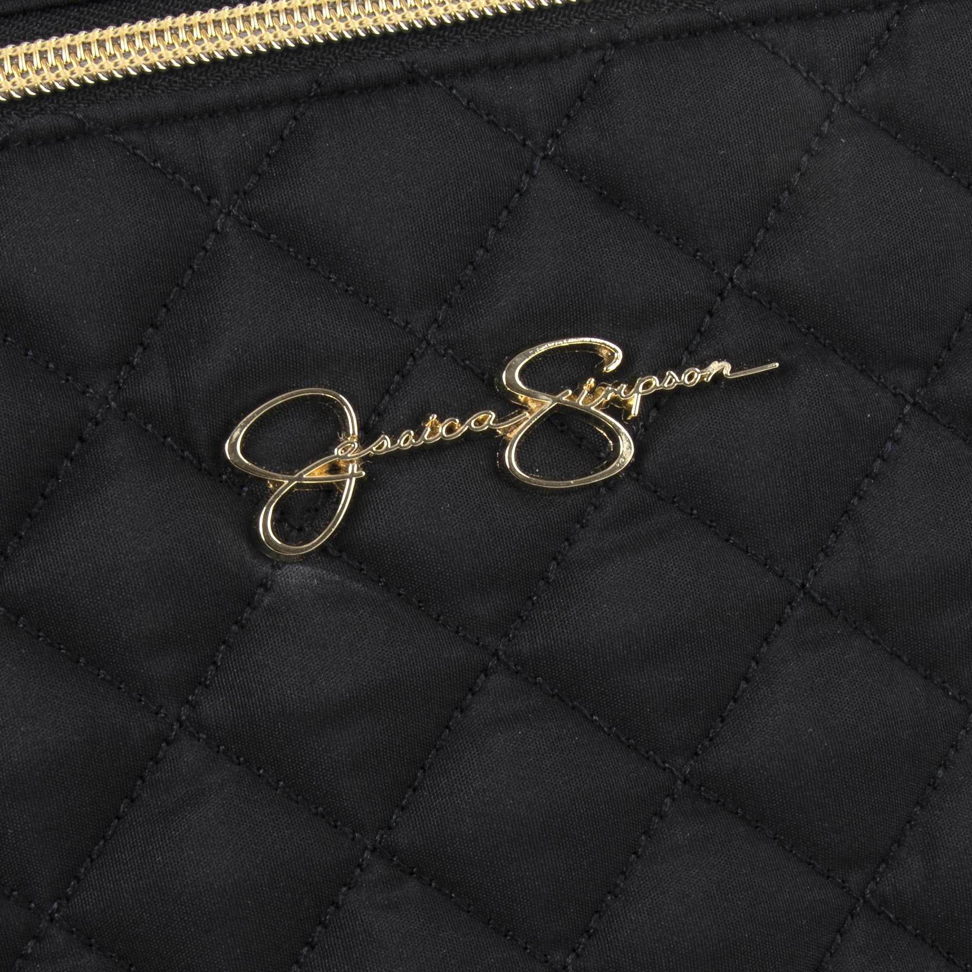 Jessica Simpson Large Black Diamond Stylish Quilted Multi-Pocket Dual Zipper Closure Fashion Diaper Bag Travel Tote Satchel with Luggage Strap, Running Cheetah Print Interior & Changing Pad