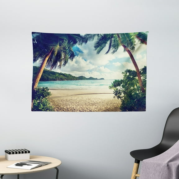 Palm Tree Tapestry, Summer Beach Vintage Style Tropical Sunset Picture Print, Wide Wall Hanging for Bedroom Living Room Dorm, 60" X 40", Dark Green Sand Brown, by Ambesonne