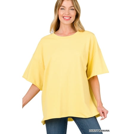 Zenana Plus Cotton French Terry Drop Shoulder Raw Edge Relaxed Casual Solid Tee Shirt Top price history on PriceWatchPro