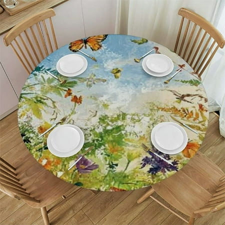 

Sheronv Flowers Butterflies Field Round Table Cover with Stain Resistant Washable Fabric - Perfect for Indoor/Outdoor Use Kitchen Dining Wedding Parties 31 -35