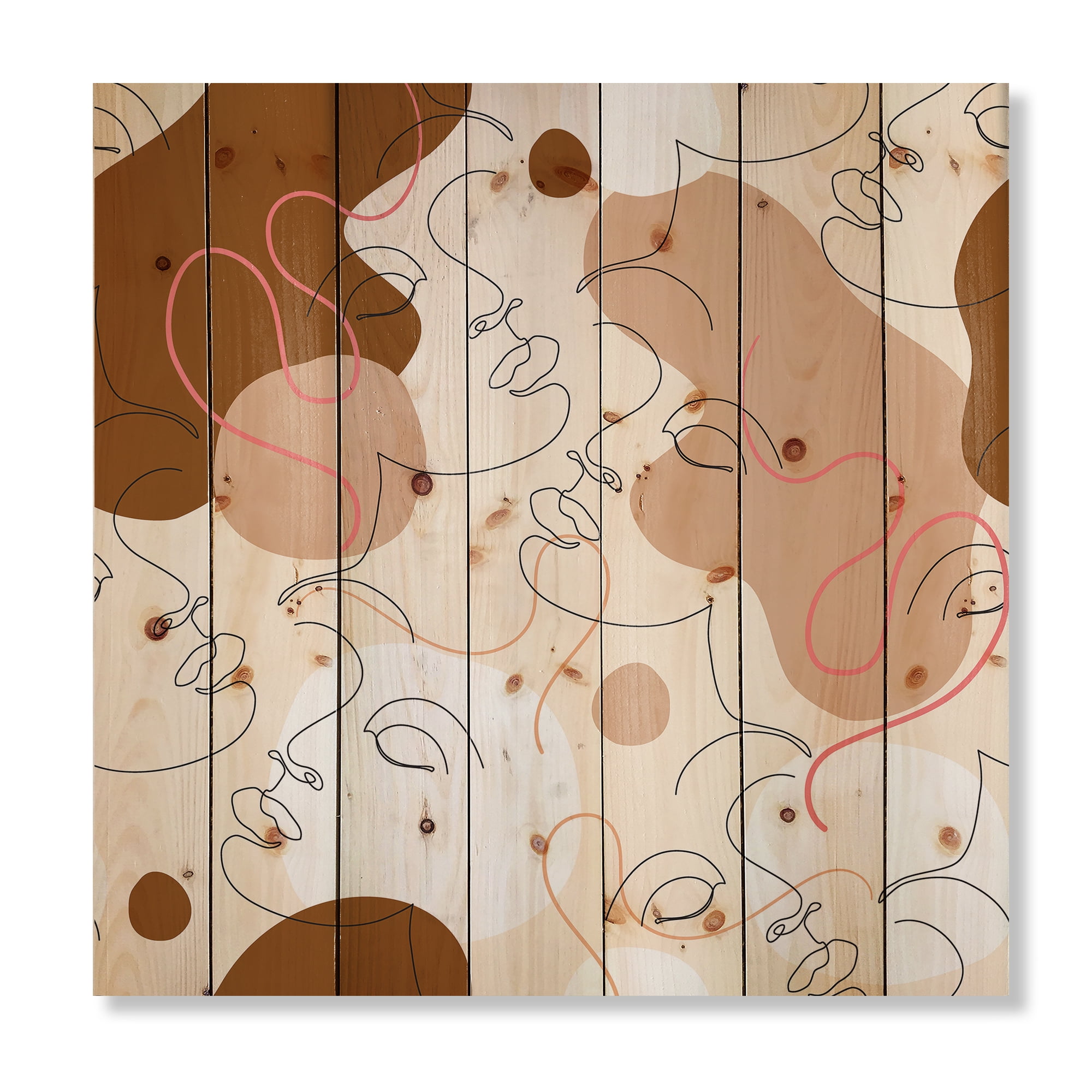 Designart 'One Line Drawing Of Beautiful Girl' Modern Print on Natural Pine Wood
