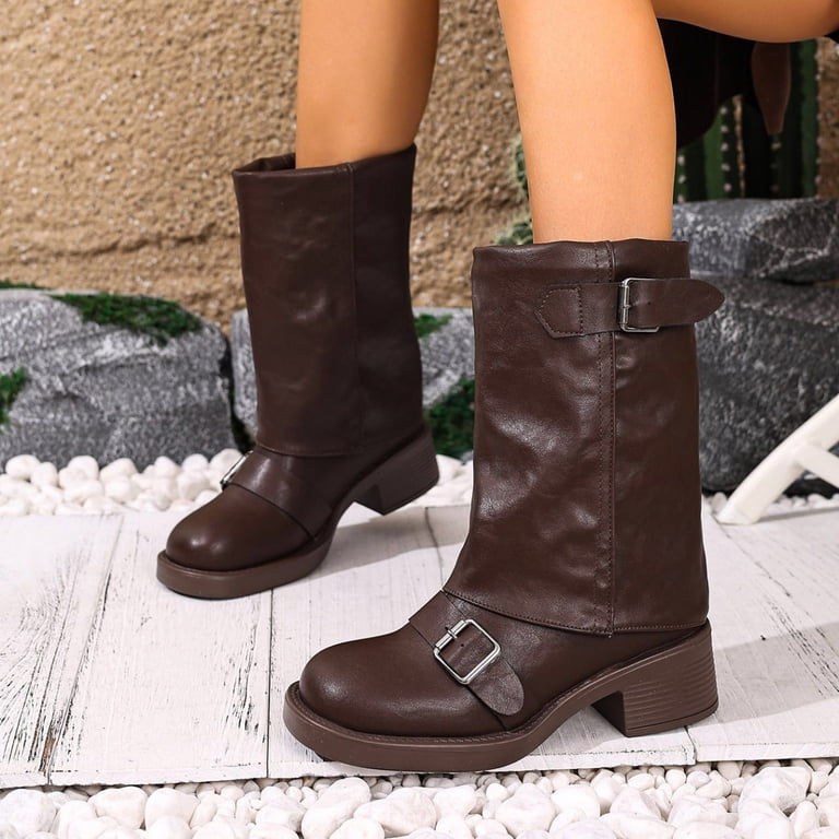 靴 Fold-Over Zip Western Biker Boots Dakaela Women's Mid Calf Boots Fold Over Buckle Motorcycle Riding