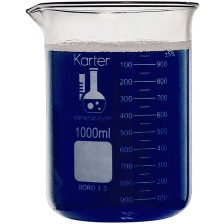 1000ml Beaker Low Form Griffin Borosilicate 3.3 Glass Double-Scale Graduations Karter Scientific 247O4 (Pack 1)