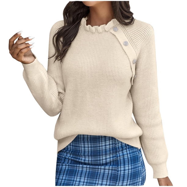 Suéter informal de manga larga con botones y cuello ondulado para mujer Pompotops hdfakjf10856