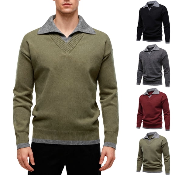 RongHuan Mens Big and Tall Sweaters Casual Shawl Collar Dress Sweater Long Sleeve V Neck Pullover Tops