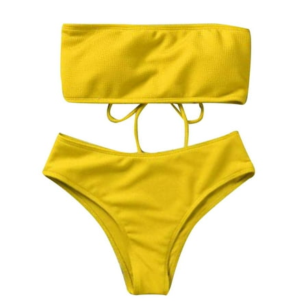 Yellow X-Large Women s Strapless Bikini Plus Size for Women High Waist Split Bathing Bustier Lingerie for Women Suit
