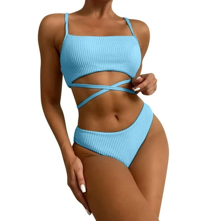 Ploknplq Women s Two-piece Swimsuit Stock Drop Bandage Push Up Bra Women s Bikini Set Solid Swimsuit Set Beachwear Triangle Bikini Set Summer Swimwear Blue S