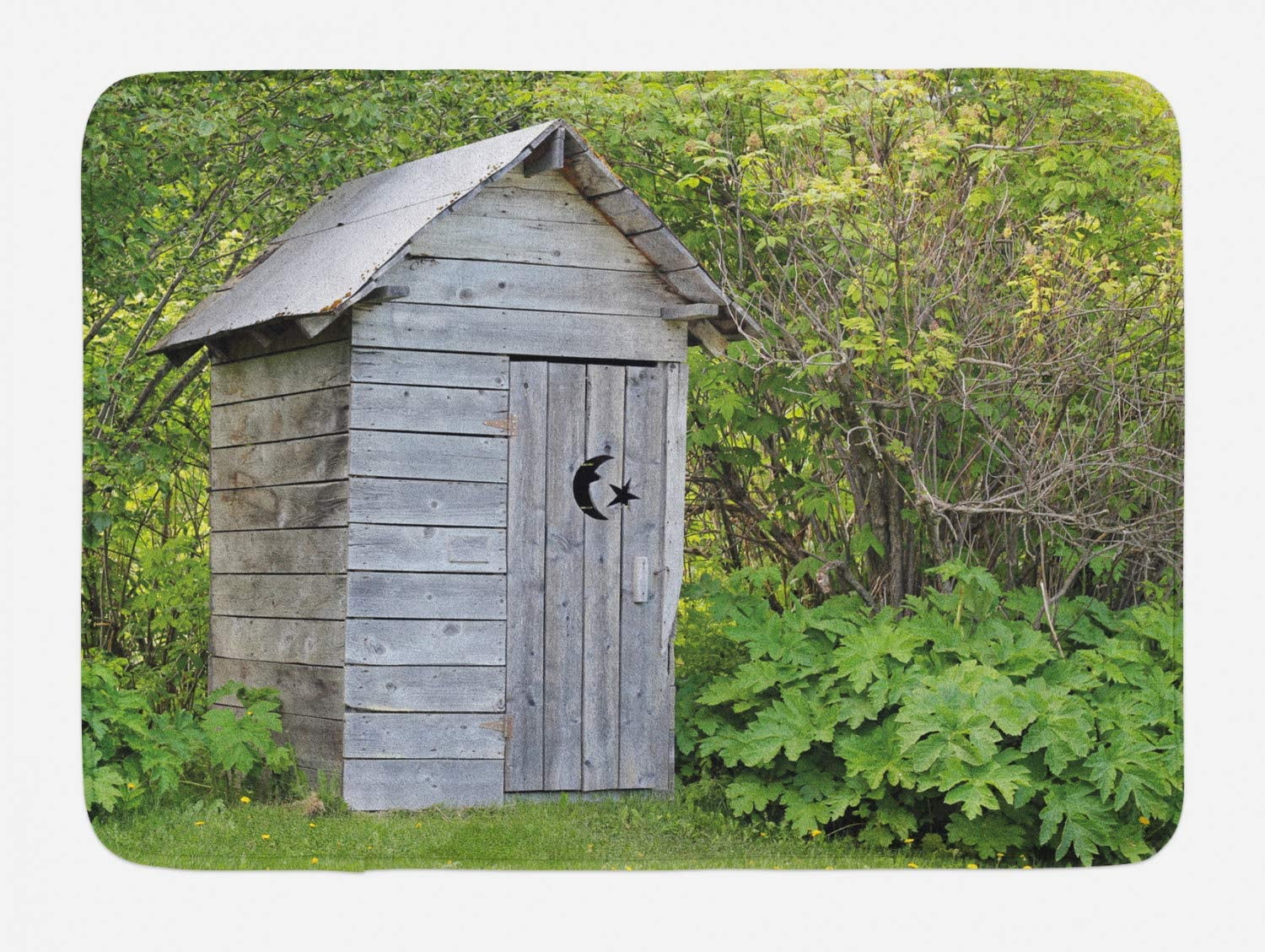 Outhouse Bath Mat, Vintage Farm Life Cottage Barn Shed in Forest Trees