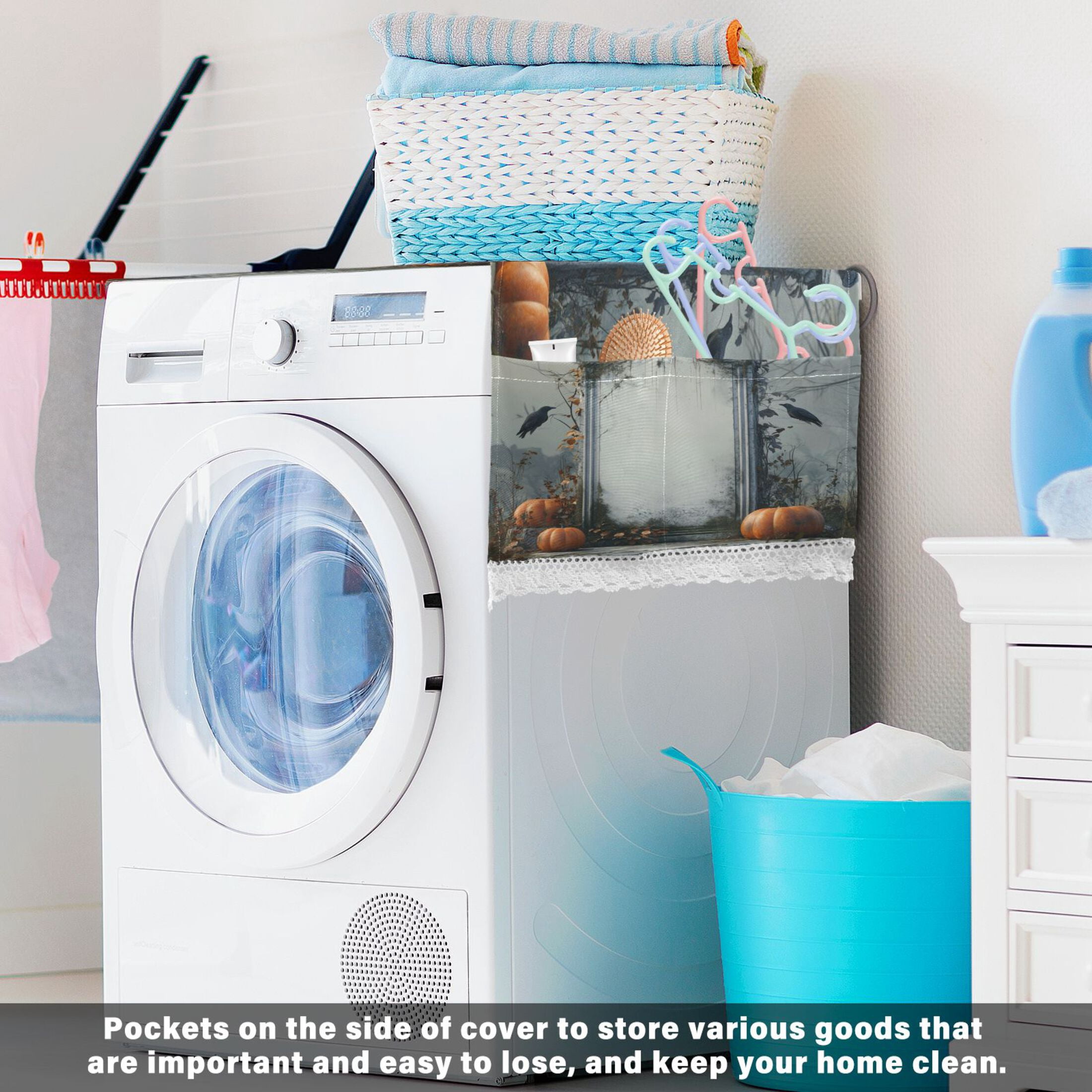 White Tombstone with Pumpkins Washer and Dryer Covers Dust-Proof and Oil Resistant Fridge Cover with 4 Storage Pockets Washing Machine Top Cover for Laundry Kitchen Home 51.2 x 22 In