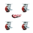 thumbnail image 2 of 4 Inch Red Poly on Cast Iron Swivel Caster Set with Ball Bearings and Brakes SCC, 2 of 2