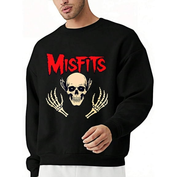 1 Piece Of 100% Pure Cotton Comfortable Long-Sleeve Hoodie, With Printed Patterns And Text Design, Featuring A Classic Skull And The Word "MISFITS", Suitable For Daily Casual Wear, Music Festivals, A
