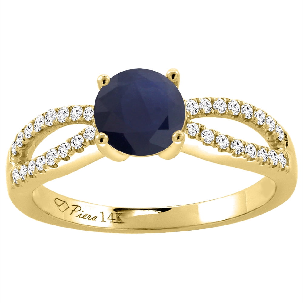 14K Yellow Gold Diamond Natural HQ Blue Sapphire Engagement Ring Round 7 mm, size 5 by Gabriella Gold