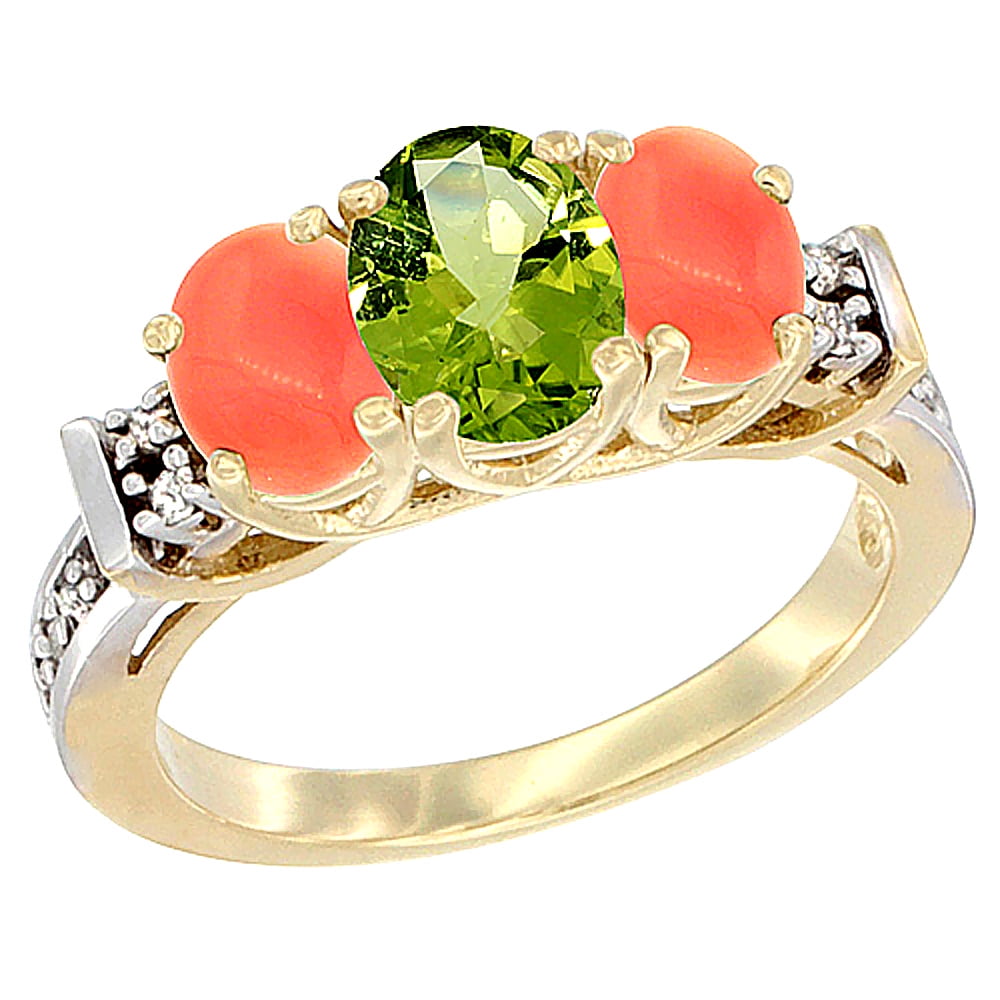 10K Yellow Gold Natural Peridot & Coral Ring 3-Stone Oval Diamond Accent by WorldJewels