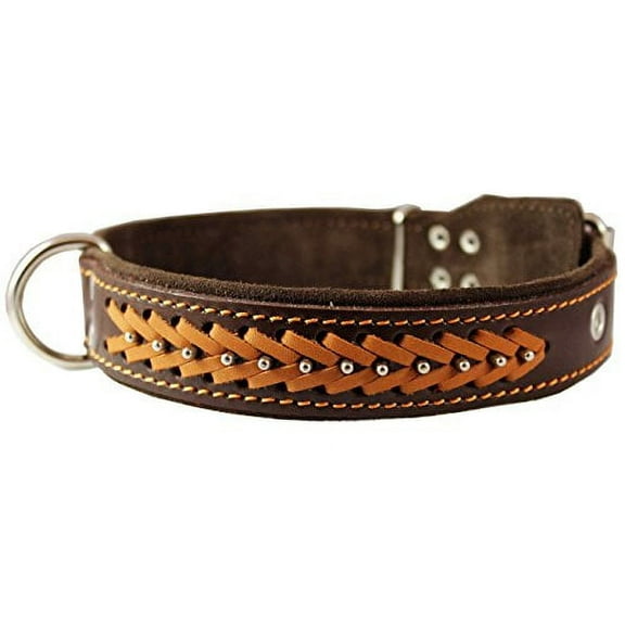 High Quality Genuine Leather Braided Studded Dog Collar, Brown 1.5" Wide. Fits 17"-22" Neck.