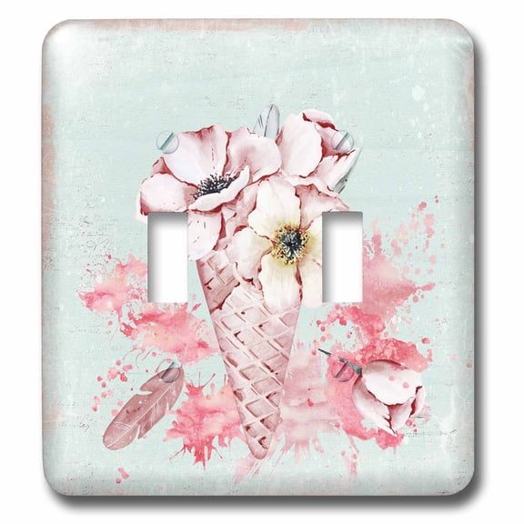3dRose, Pink Flowers In an Ice-Cream Cone in Pastel Watercolor Illustration, double toggle switch