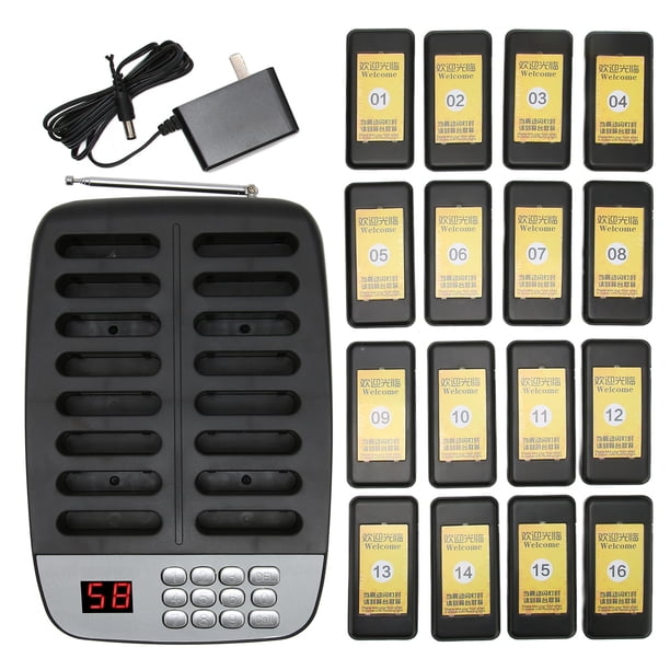 Sistema de buscapersonas para restaurantes, 16 buscapersonas, alcance de 1000 metros, señal potente, 3 modos de vibración, enchufe estadounidense de 100 a 240 V