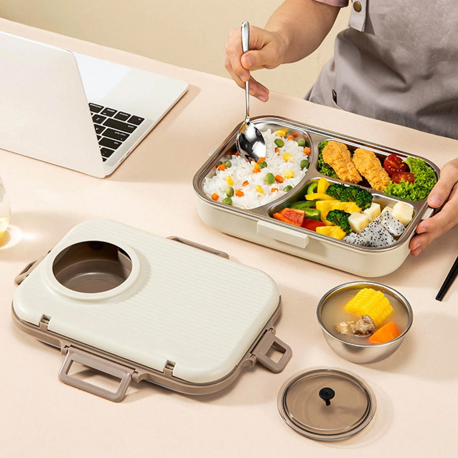 Lille Home Stainless Steel Leakproof 2-Compartment Bento Lunch Box/Portion Control Food Container with Lunch Bag and Cutlery Set, BPA Free (Pink)