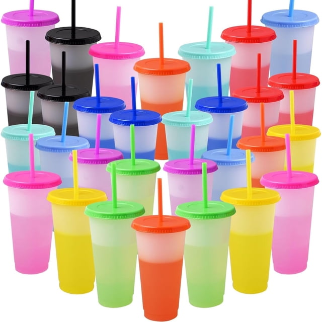 Vasos Reutilizables de Plástico Sin BPA, con Tapas y Popotes - Vasos que Cambian de Color con Agua Fría, Ideal para Fiestas, Bodas, Reuniones Familiares, Café Frío, Batidos y como Regalo