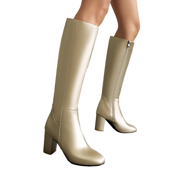 Xfvqtps Womens Fashion High Heel Knee High Boots with Side Zipper Pointed Toe Long Boots for Women Winter Stylish Dress Boots Gold