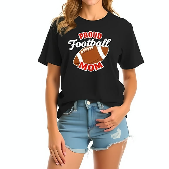 Proud Football Mom Graphic T-Shirt - Black Cotton Short Sleeve Tee with Brown Football Design Casual Fit for Game Days