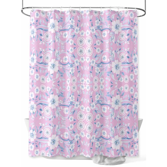 Fsddascl Pink Blue Floral Shower Curtain Set - Small 36" x 72" Washable Bathtub Curtain with 12 Hooks, Vintage Pastoral Botanical Leaves Waterproof Fabric Stall Shower Curtains for Bathroom/Bathtub