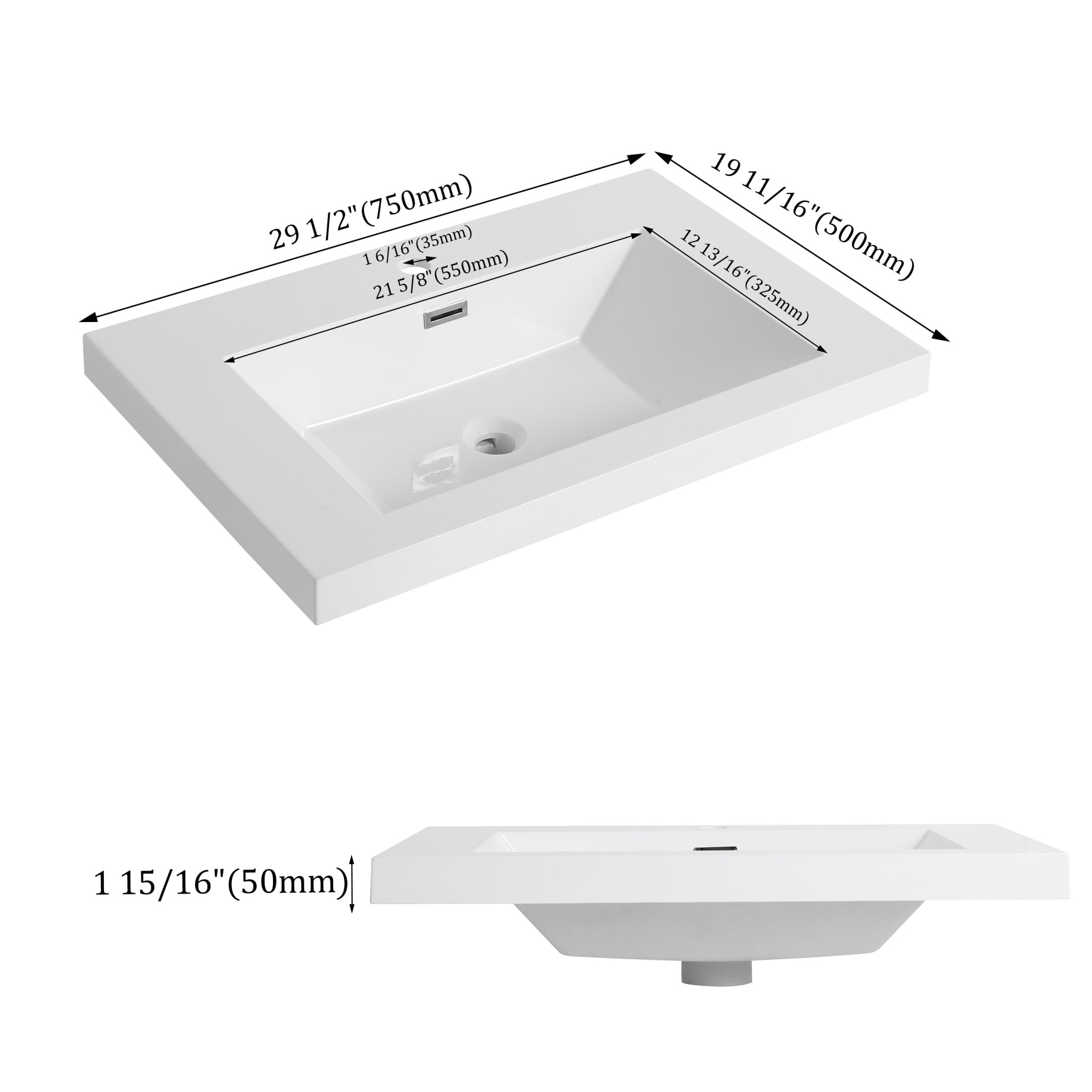 Noble House 30" Resin Bathroom Vanity Top Sink, Modern Integrated Basin, Easy-Clean, Scratch-Resistant, Glossy White