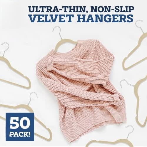 Velvet Hangers 50 Pack - Ivory for Coats, Pants & Dress Clothes - Non Slip w/ 360 Degree Swivel, Holds up to 10 lbs - Strong Felt Hangers for Clothing