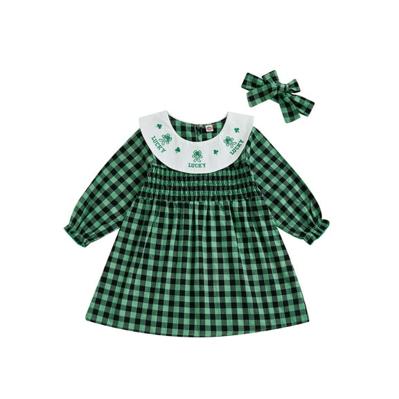 BemeyourBBs St Patricks Day Baby Girl Outfit Kids Shamrock Plaid Dress Spring Summer Princess Dresses Cute Toddler Clothes 3 4 5 6 7 Years
