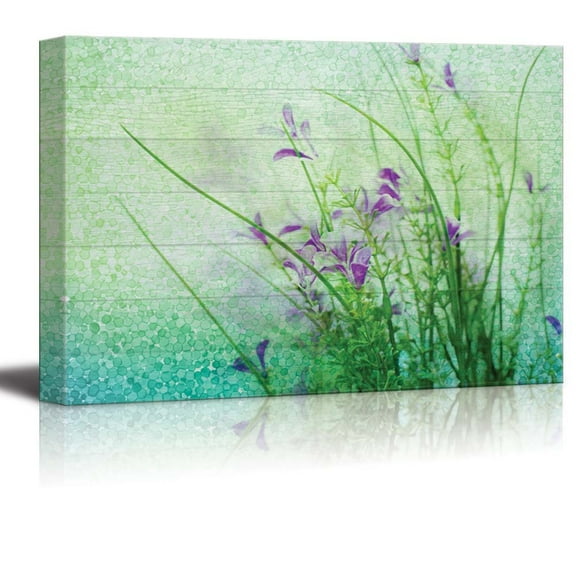 wall26 - Small Purple Flowers with a Blue and Green Polkadot Texture Over Wood Panels - Canvas Art Home Art - 12x18 inches
