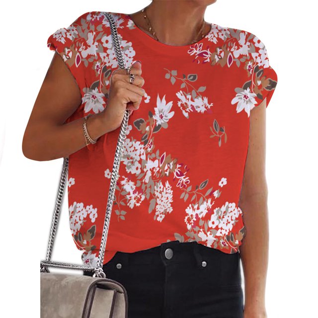 CHGBMOK Plus Size Womens Summer Tops Women Mode Manches Courtes Col Rond Imprimé Blouse Décontractée T-shirt Tops Summer Beach Tops en Liquidation