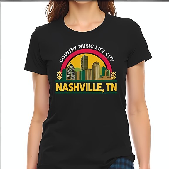 Vintage Nashville Cityscape T-Shirt - Retro Graphic Tee with 'COUNTRY MUSIC LIFE CITY' Design - Comfortable Crew Neck