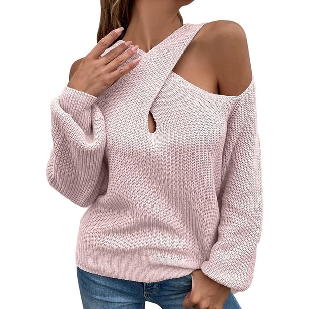 Suéter de punto para mujer, jersey de manga larga, blusa tipo túnica con hombros descubiertos, suéter sexy, prendas de punto básicas elegantes e informales, suéter de punto fino acanalado