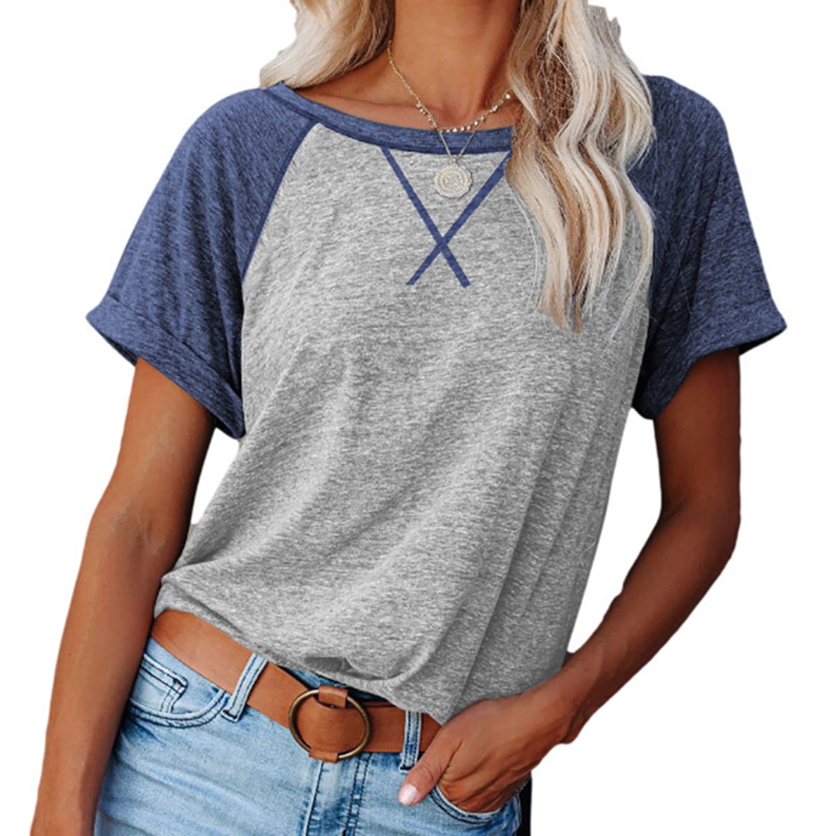Langwyqu Womens Plus Size Raglan Short Sleeve T-Shirts Crewneck Color Block Oversize Tunic Tops 