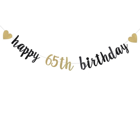 Black and Gold Glitter Banner,65th Birthday Decoration,Pre-Strung, Banner for Birthday Party Decorations Supplies,happy 65th birthday