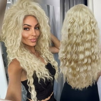 28 inch Long Blonde Curly Wigs for Women #613 Color Full Wig in Synthetic Hair
