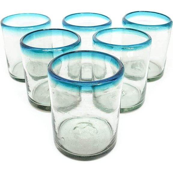 Aqua Blue Rim 10 oz Tumbler Glasses (set of 6) Mexican Handmade Glassware, Recycled Glass, Lead-free, Toxin-Free (Tumbler)