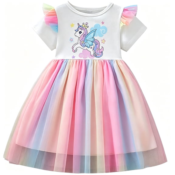 IPIO Girls Unicorn Rainbow Tulle Dress, Short Sleeve Princess Party Dress with Colorful Flutter Sleeves, Summer Birthday Outfit for Kids