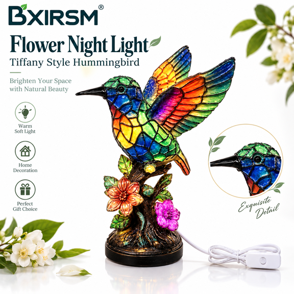 Tiffany Style Stained Glass Hummingbird Flower Night Light, Resin Table Lamp for Bedroom Living Room Home Decor, LED Nightlight Gift