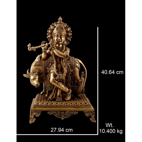 Brass Krishna Statue Hare Krishna Statue God of Lover Anniversary Gift ,Temple Home Pooja Decor Gift for Him Handmade Brass Krishna with Cow
