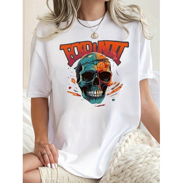 Women's Trendy Skull Graphic Tee - Casual Crew Neck Short Sleeve, Stretchy Polyester Blend, Machine Washable - Perfect for Summer & Casual Attire