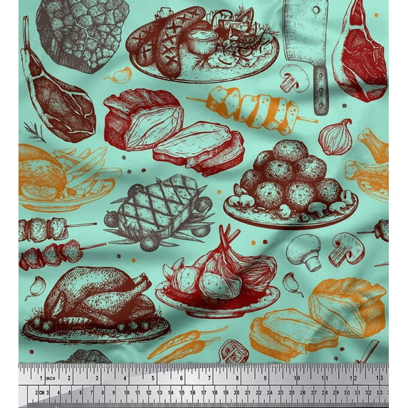 Soimoi Crepe Silk Fabric Non Veg Dishes & Bread Food Printed Fabric 1 Yard 42 Inch Wide
